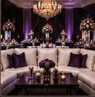 Luxury lounge seating with white upholstery and plum accent pillows