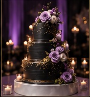 Black tiered celebration cake decorated with purple and white flowers