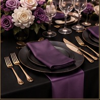 Formal black, white, plum, and gold table setting